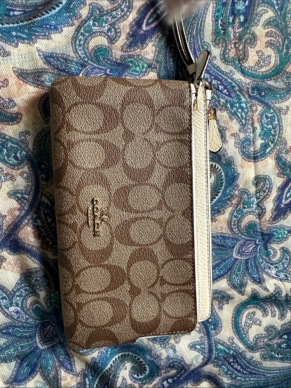 Coach Brown Signature Canvas Wristlet with Chalk Trim